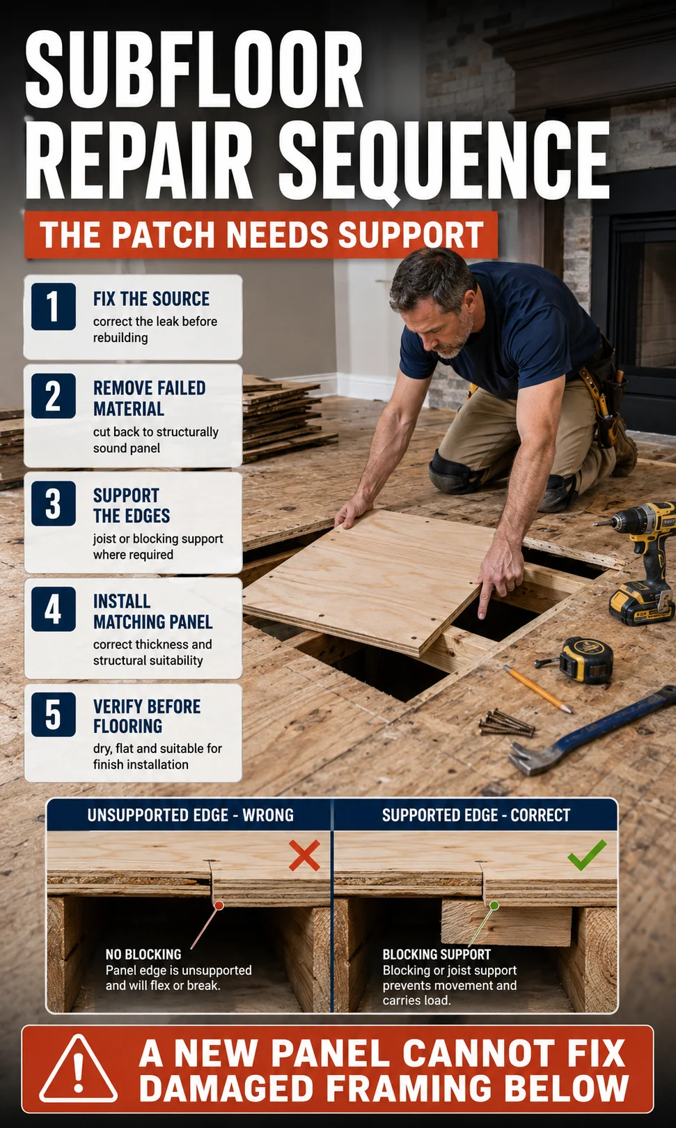 Carpenter repairing a water-damaged subfloor with supported panel edges, structural blocking and a correctly fitted replacement plywood section.