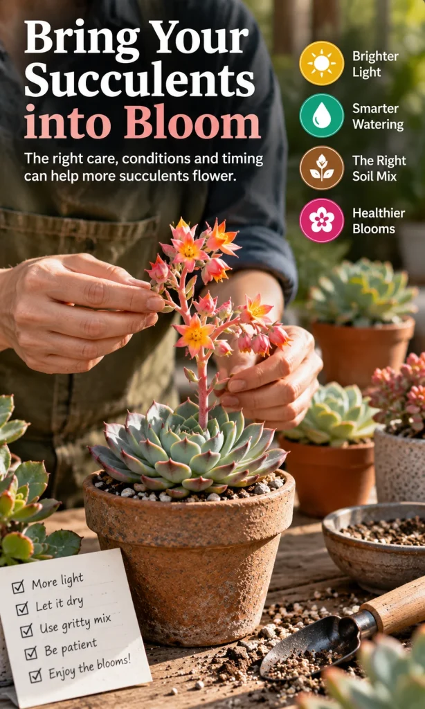 Gardener checking a flowering succulent beside reminders for stronger light, smarter watering and gritty soil.