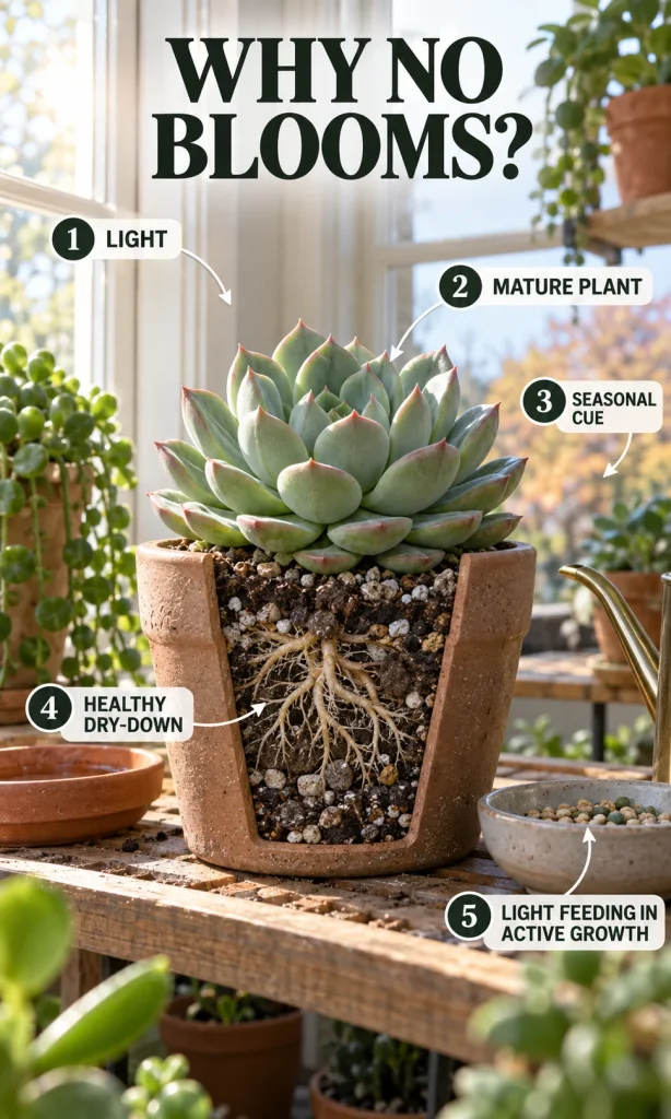 Succulent flowering diagram showing five conditions: light, maturity, seasonal cue, healthy dry-down and balanced feeding.