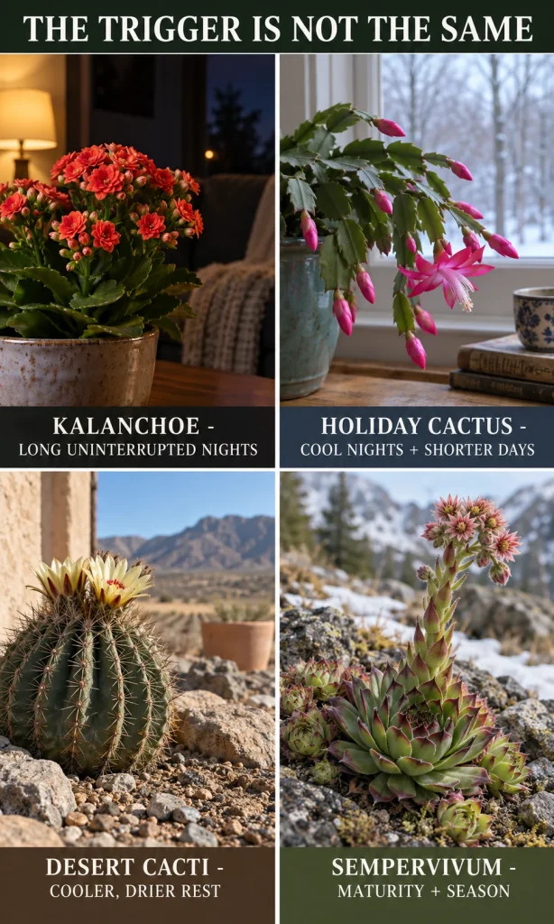 Comparison of flowering triggers for kalanchoe, holiday cactus, desert cactus and sempervivum.