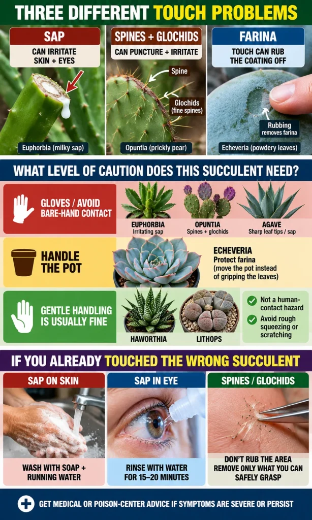 Succulent contact response steps showing soap and water for sap on skin, water rinsing for eye exposure, and careful handling of superficial cactus spines or glochids.