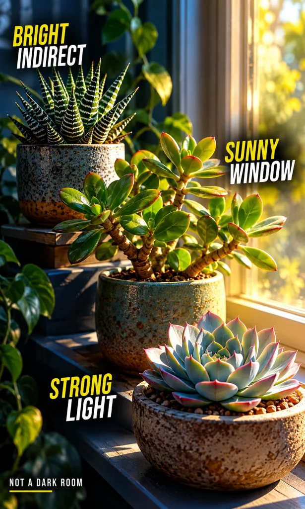 Haworthia in bright indirect light, jade at a sunny window and echeveria in stronger light