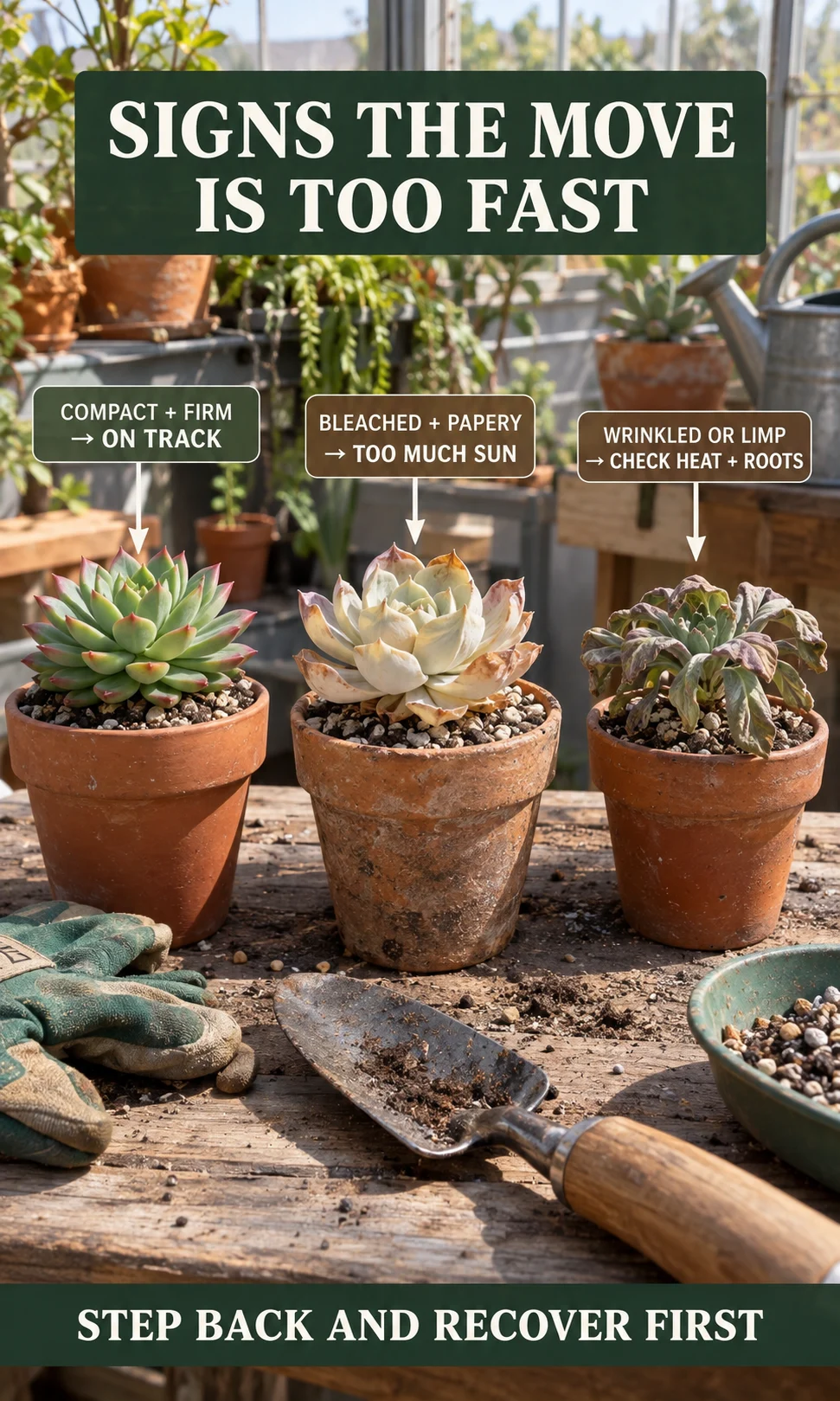 Three potted succulents showing a healthy compact plant, sun-bleached papery leaves and wrinkled limp foliage caused by excessive light, heat or root stress.