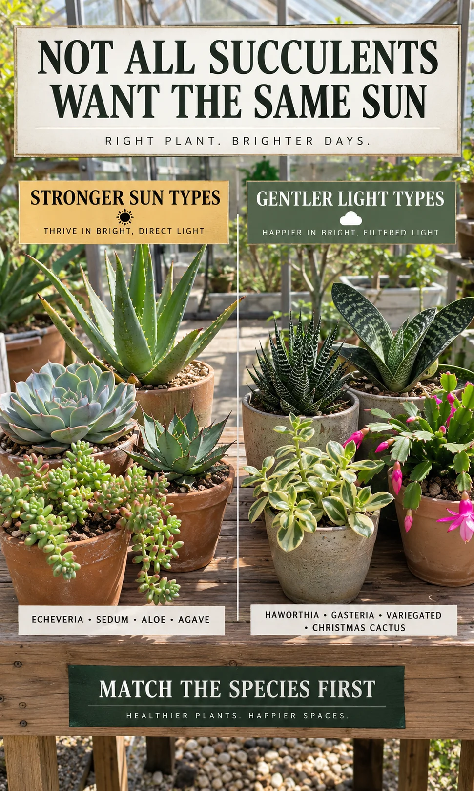 Comparison of sun-loving succulents such as Echeveria, Sedum, Aloe and Agave beside gentler-light succulents including Haworthia, Gasteria, variegated plants and Christmas cactus.