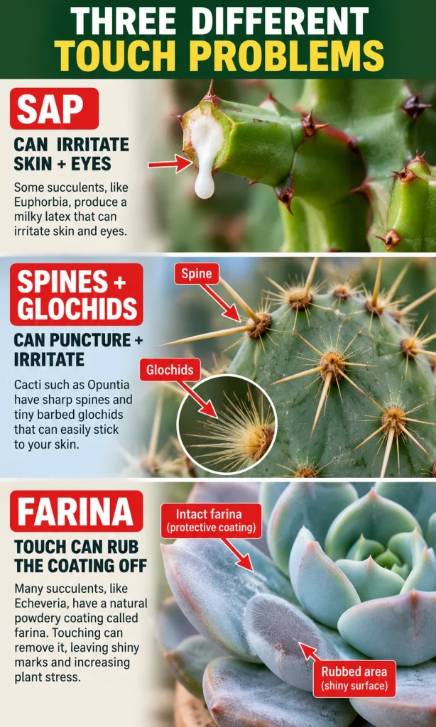 Macro comparison of Euphorbia latex, Opuntia glochids and a fingerprint rubbed through Echeveria farina.