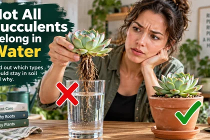 Woman comparing a succulent with exposed roots above a glass of water with a similar succulent growing in a drained terracotta pot.