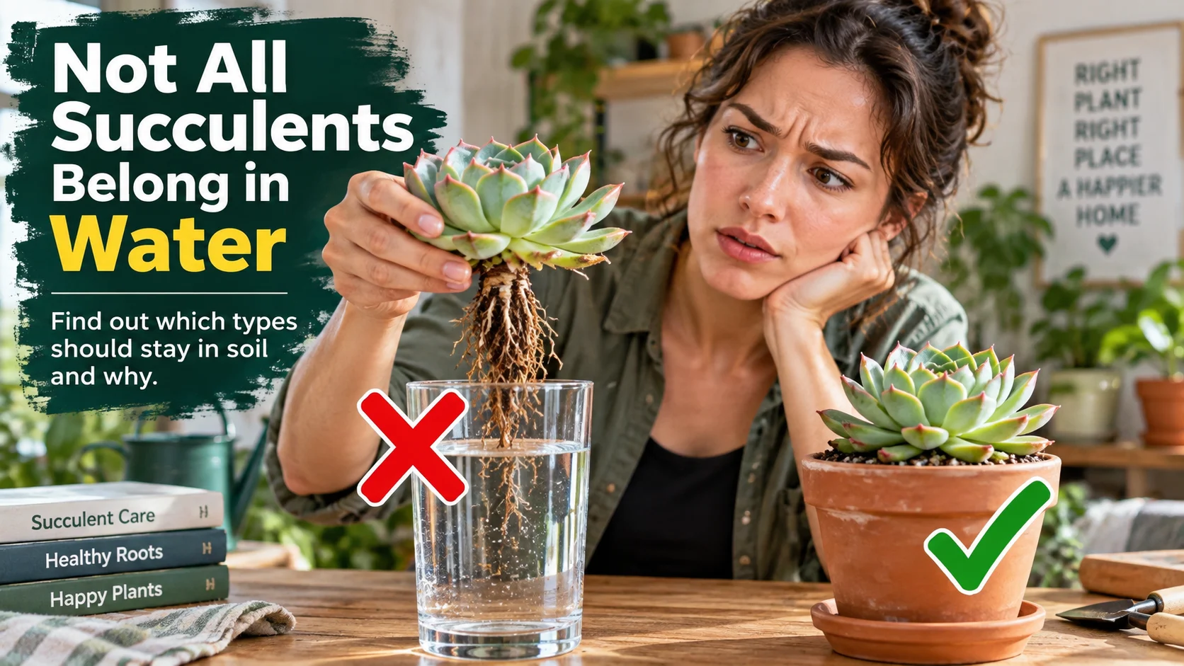 Woman comparing a succulent with exposed roots above a glass of water with a similar succulent growing in a drained terracotta pot.