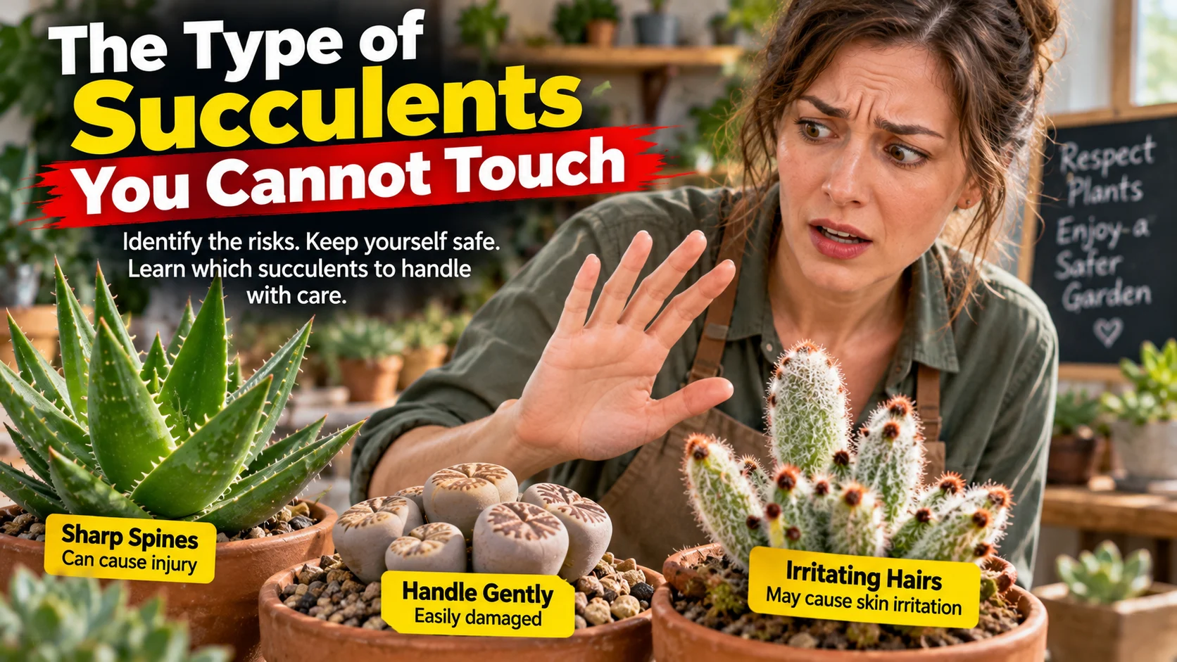 Gardener cautiously comparing a sap-producing succulent, a spiny cactus and a powdery Echeveria to show different reasons for limiting contact.