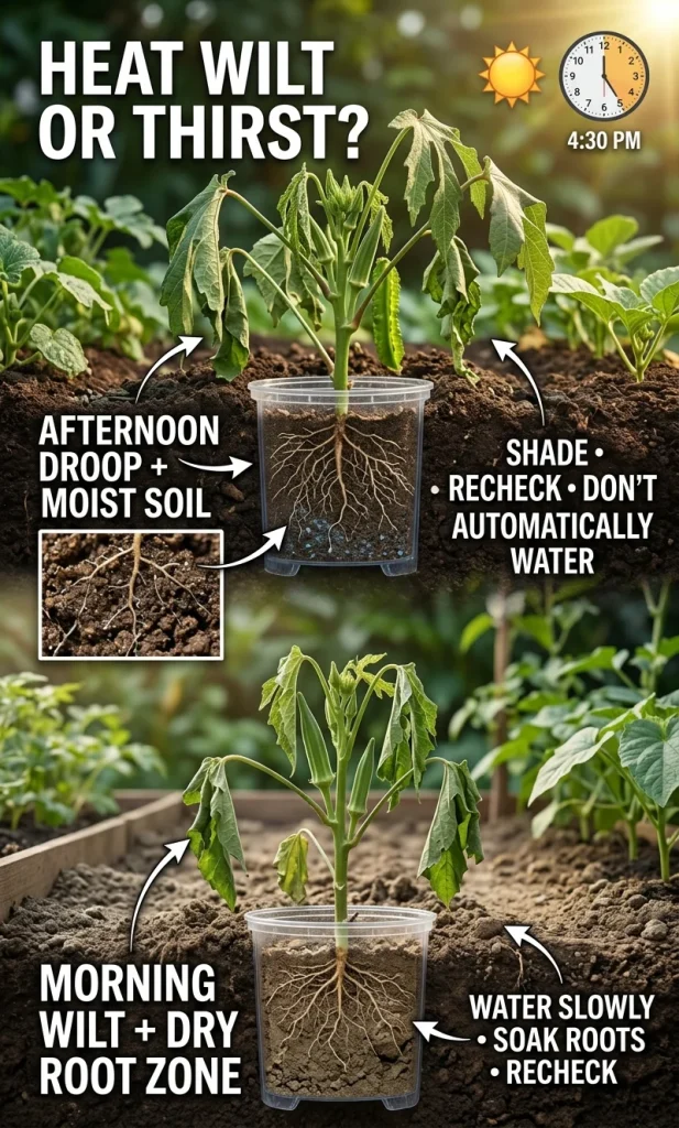 Comparison showing afternoon heat wilt with moist soil versus morning wilt with a dry root zone, with different first responses.