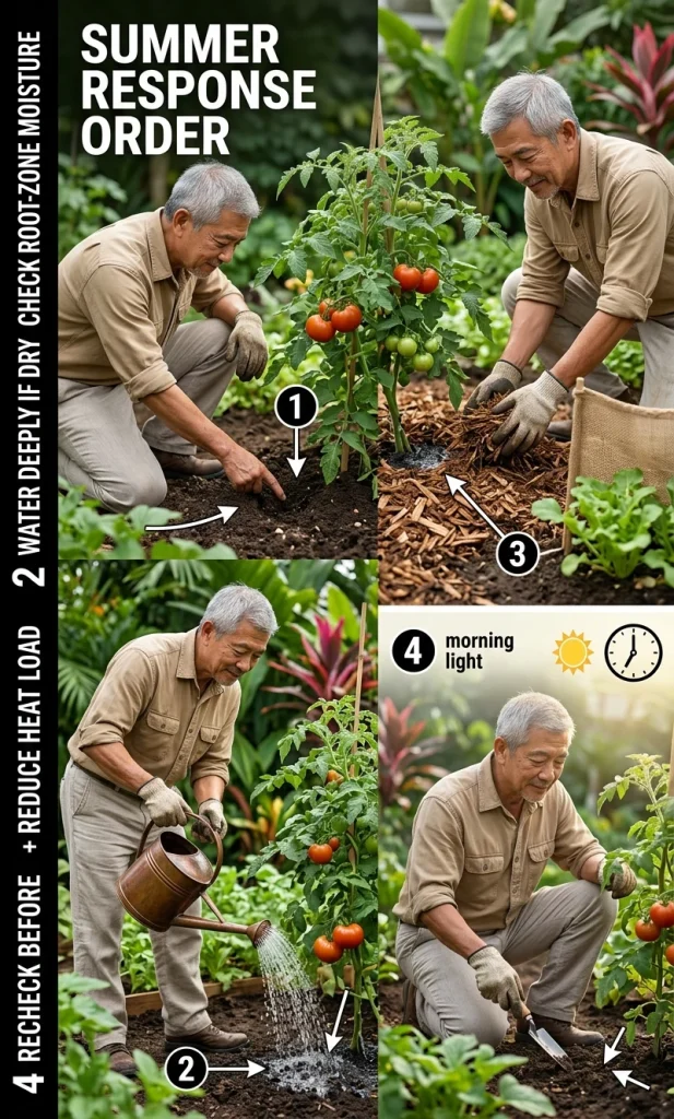 Gardener following a summer care sequence: check root-zone moisture, water deeply if dry, refresh mulch and recheck plant response.