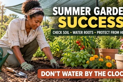 Gardener checking soil moisture in a summer garden beside mulched beds and containers, with cues to water roots and protect plants from heat.