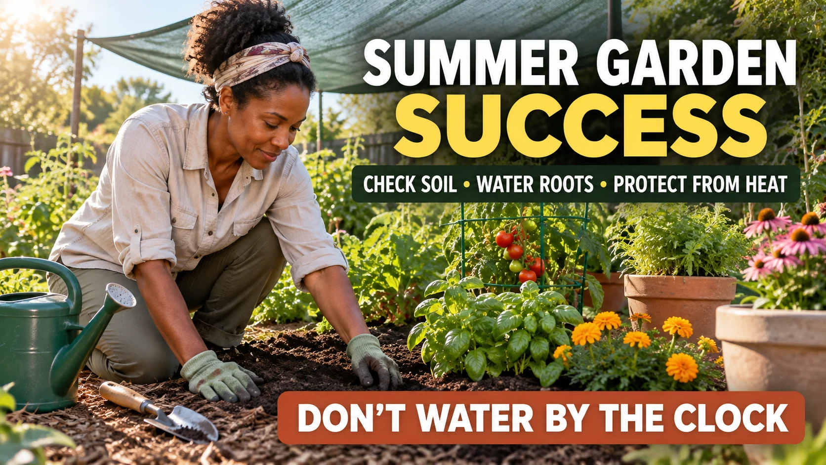 Gardener checking soil moisture in a summer garden beside mulched beds and containers, with cues to water roots and protect plants from heat.