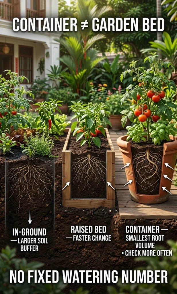 Three summer growing setups showing that containers change moisture faster than raised beds and in-ground beds.