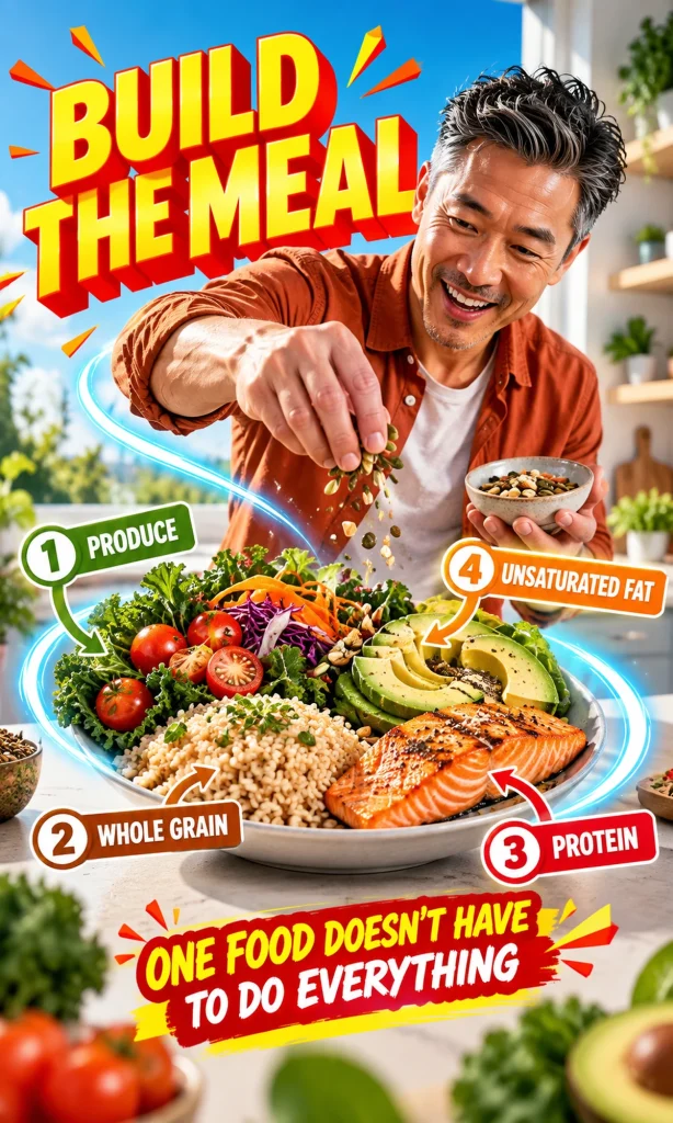 Balanced meal being assembled with produce, whole grain, protein and unsaturated fat
