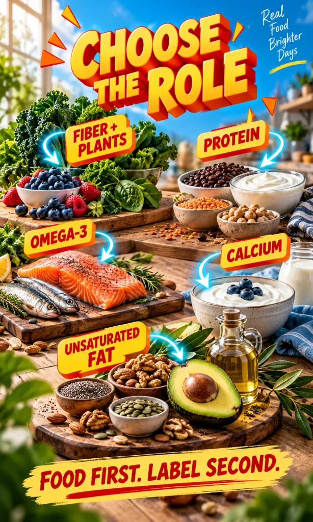Colorful nutrient-dense foods grouped by fiber, protein, omega-3, calcium and unsaturated-fat roles
