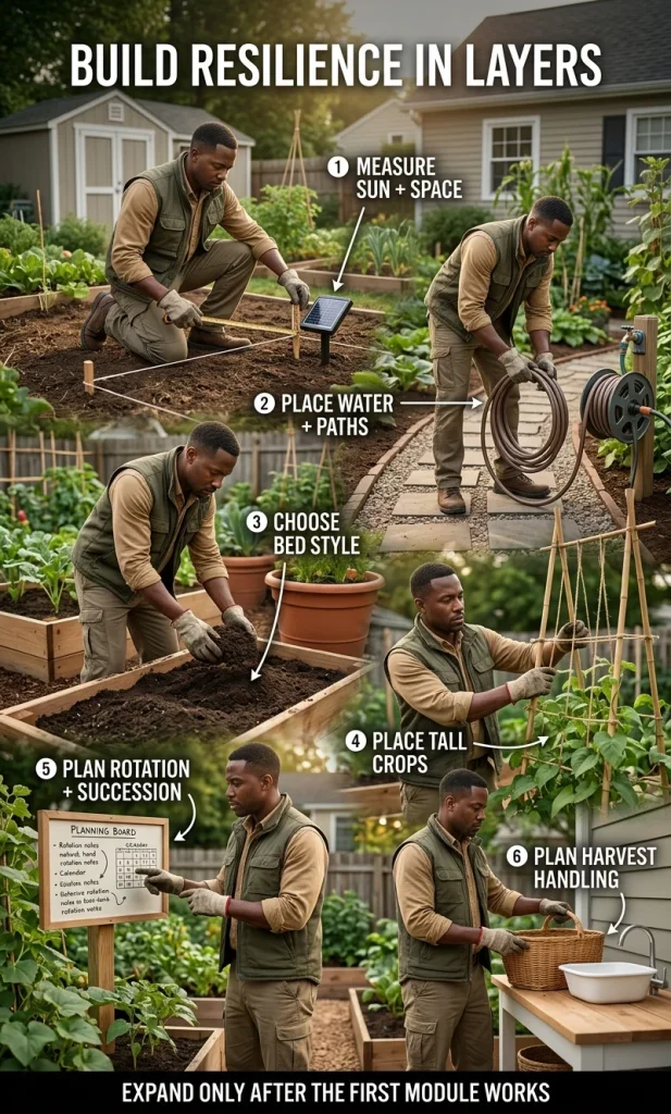 Gardener following a step-by-step backyard food garden setup from site measurement and water access to beds, succession and harvest handling.