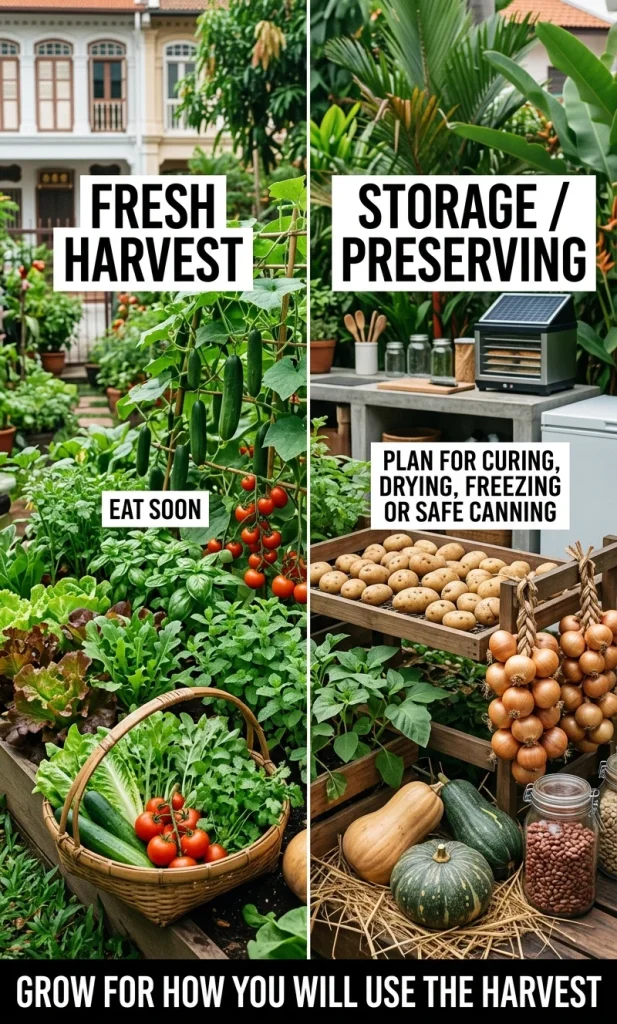 Split backyard garden comparison showing fresh-harvest crops on one side and storage or preserving crops on the other.