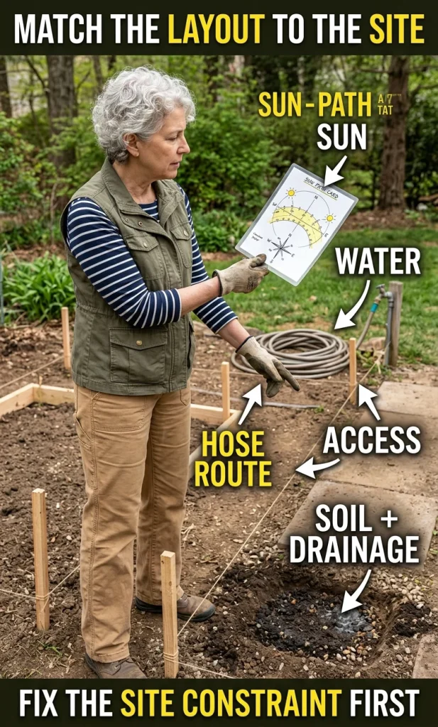 Backyard gardener comparing sun, water, access, and soil conditions before choosing a vegetable garden layout.