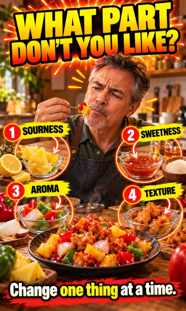 Step-by-step food tasting checkpoints for identifying whether sourness, sweetness, aroma or texture causes dislike.