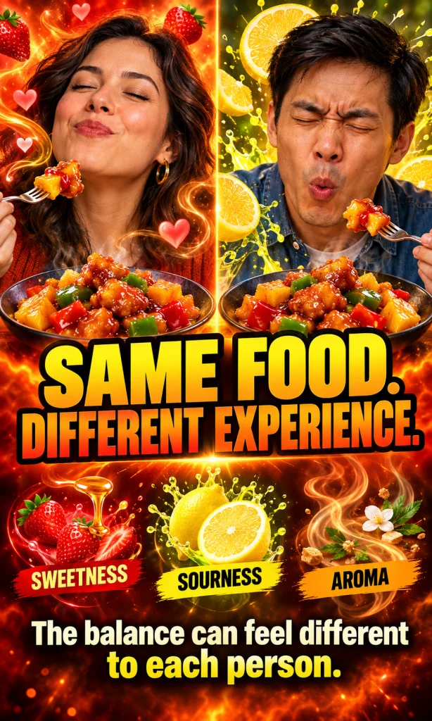 Two people tasting the same sweet-and-sour food with visual callouts showing different sweetness, sourness and aroma perception.