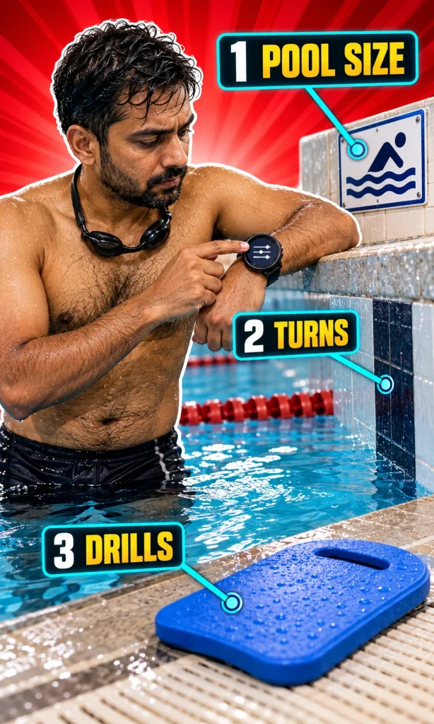 Different swimmer compares a pool-length setting, wall turn and drill set after a mismatched distance record.