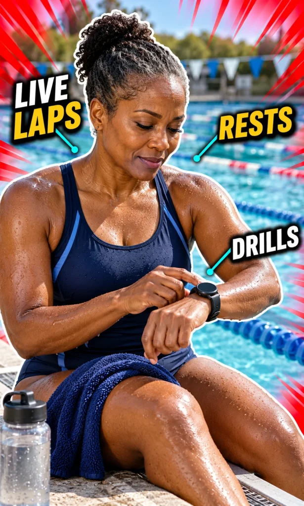 Adult swimmer checks an unbranded watch beside a lap pool with three feature-check labels.