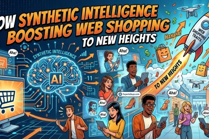 A 16:9 infographic feature image in a dynamic American illustrative and comic book style, with a deep blue and orange palette. Across the top, large bold text reads: 'HOW SYNTHETIC INTELLIGENCE IS BOOSTING WEB SHOPPING TO NEW HEIGHTS'. A glowing neural network labeled 'SYNTHETIC INTELLIGENCE' and 'AI' is central. Multiple diverse cartoon people show 'Aha!' and 'Hahaha!' expressions as they use devices, connected by glowing paths to products like shoes, bags, and small drone icons. To the right, an upward-pointing rocket labeled 'WEB SHOPPING TRAITS' soars through a cloud of successful purchases, smiling shopping bags, delivery drones, and arrows, with the rocket saying 'TO NEW HEIGHTS'. Confetti and dollar signs fill the air. A small ExpertsGuys logo is embedded in a virtual display. The whole scene feels optimistic and impactful.