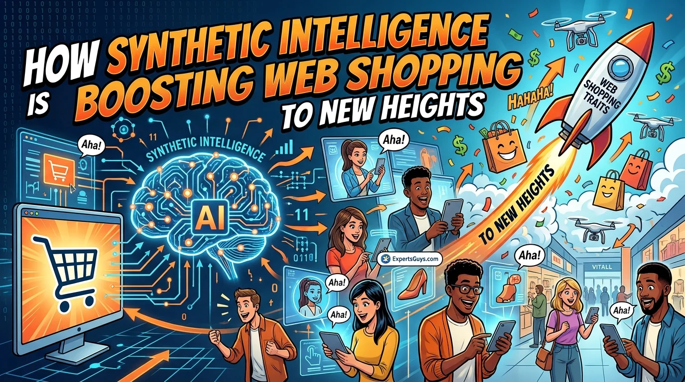 A 16:9 infographic feature image in a dynamic American illustrative and comic book style, with a deep blue and orange palette. Across the top, large bold text reads: 'HOW SYNTHETIC INTELLIGENCE IS BOOSTING WEB SHOPPING TO NEW HEIGHTS'. A glowing neural network labeled 'SYNTHETIC INTELLIGENCE' and 'AI' is central. Multiple diverse cartoon people show 'Aha!' and 'Hahaha!' expressions as they use devices, connected by glowing paths to products like shoes, bags, and small drone icons. To the right, an upward-pointing rocket labeled 'WEB SHOPPING TRAITS' soars through a cloud of successful purchases, smiling shopping bags, delivery drones, and arrows, with the rocket saying 'TO NEW HEIGHTS'. Confetti and dollar signs fill the air. A small ExpertsGuys logo is embedded in a virtual display. The whole scene feels optimistic and impactful.