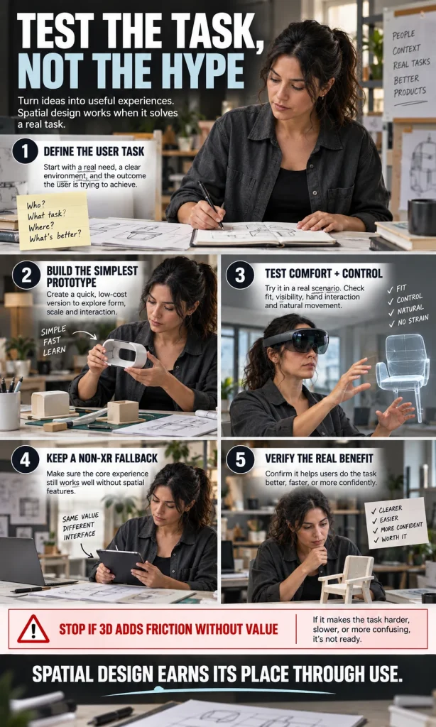 Product designer follows a five-step workflow to test whether a spatial design improves a real user task.