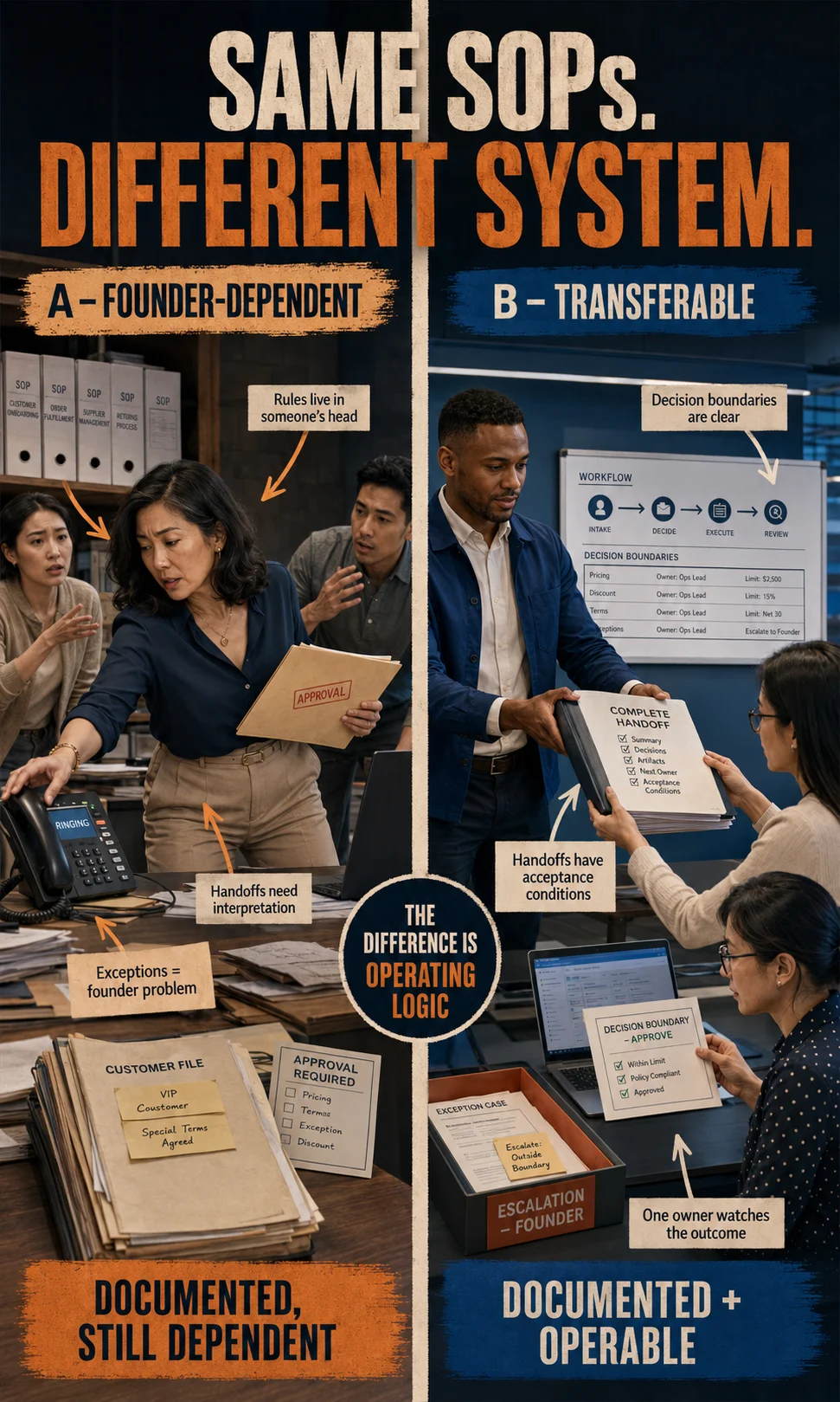 Side-by-side comparison of a founder-dependent business and a transferable operating system showing differences in decision authority, ownership, handoffs and exception handling.