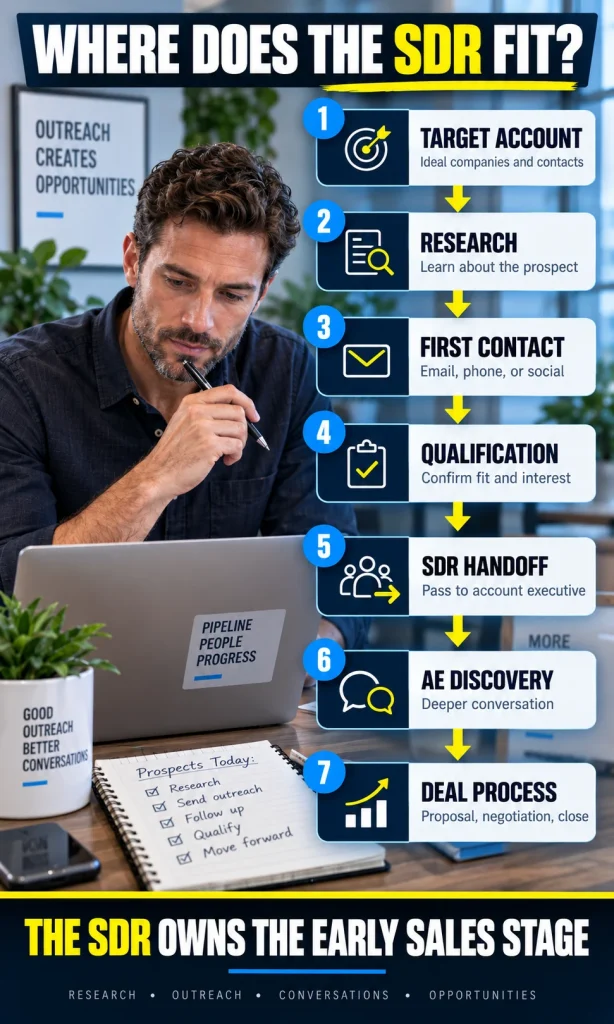 Sales process infographic showing an SDR moving a prospect from target-account research through qualification and handoff to an account executive.