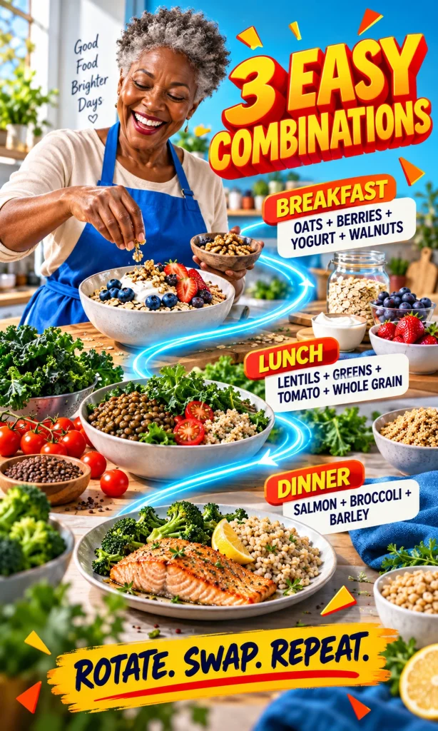 Three practical meal combinations for breakfast, lunch and dinner using nutrient-dense foods