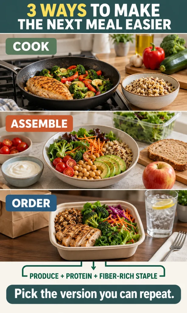 Three-panel food comparison showing a cooked meal, an assembled meal and an ordered meal, each combining produce, protein and a fiber-rich staple.