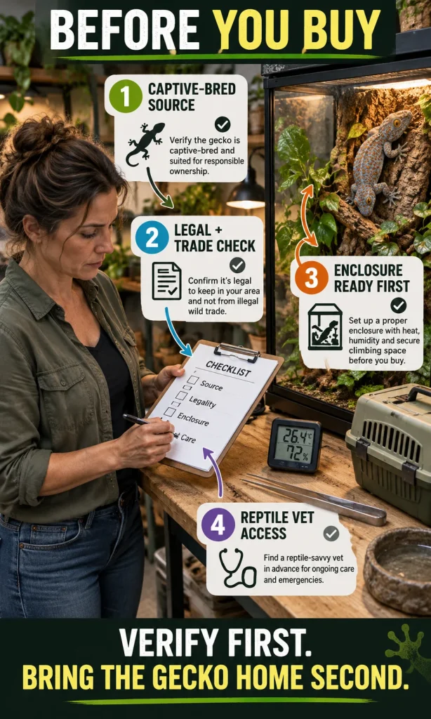 Woman checking a Tokay gecko setup with a four-step pre-purchase list covering captive-bred source, legality, enclosure readiness, and reptile-vet access.