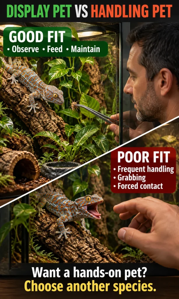 Split comparison showing a Tokay gecko calmly fed with tongs as a display pet versus a defensive gecko reacting to a hand reaching in for forced handling.