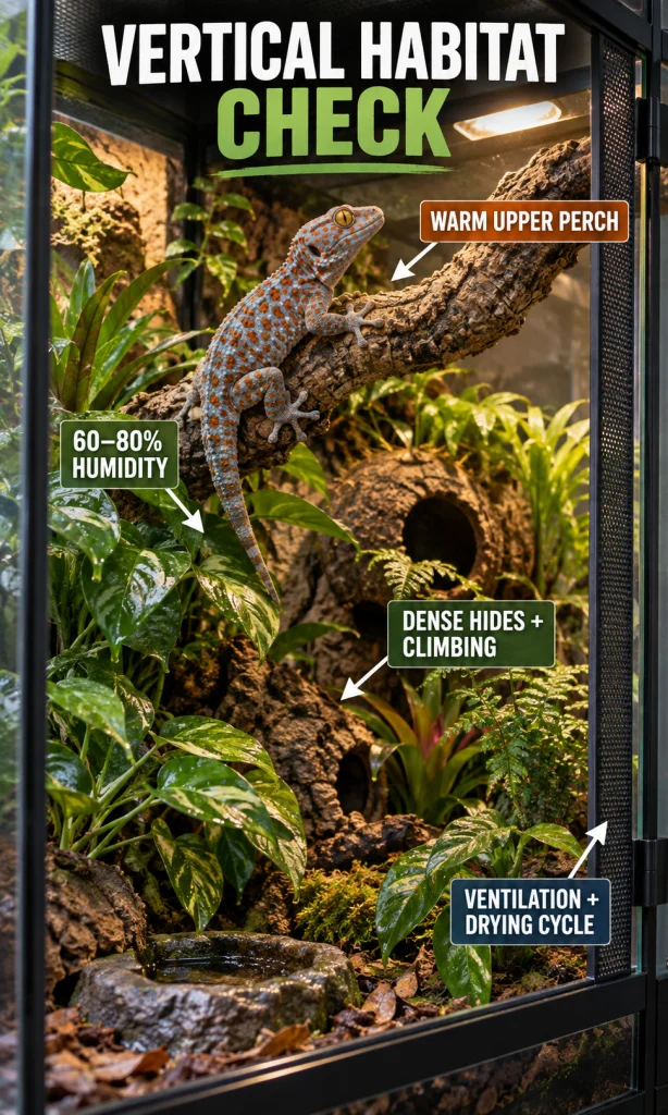 Vertical Tokay gecko vivarium showing a warm upper perch, 60 to 80 percent humidity, dense climbing hides, and ventilation with a drying cycle.