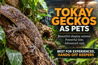 Tokay gecko climbing cork bark in a planted vivarium with text explaining that the species is an advanced, mostly hands-off display pet.