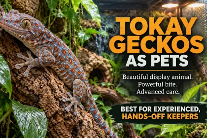 Tokay gecko climbing cork bark in a planted vivarium with text explaining that the species is an advanced, mostly hands-off display pet.