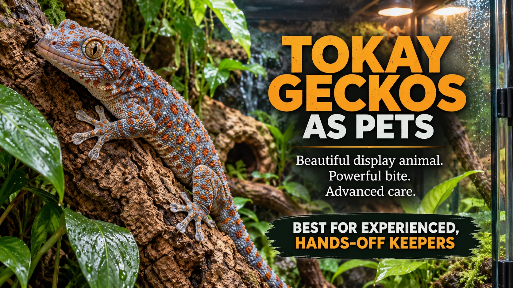 Tokay gecko climbing cork bark in a planted vivarium with text explaining that the species is an advanced, mostly hands-off display pet.