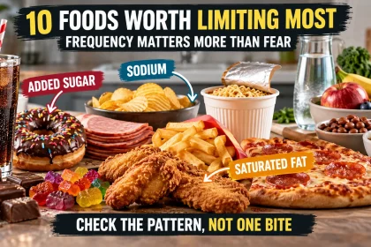 Common sugary, salty and highly processed foods contrasted with healthier everyday defaults, with callouts for added sugar, sodium and saturated fat