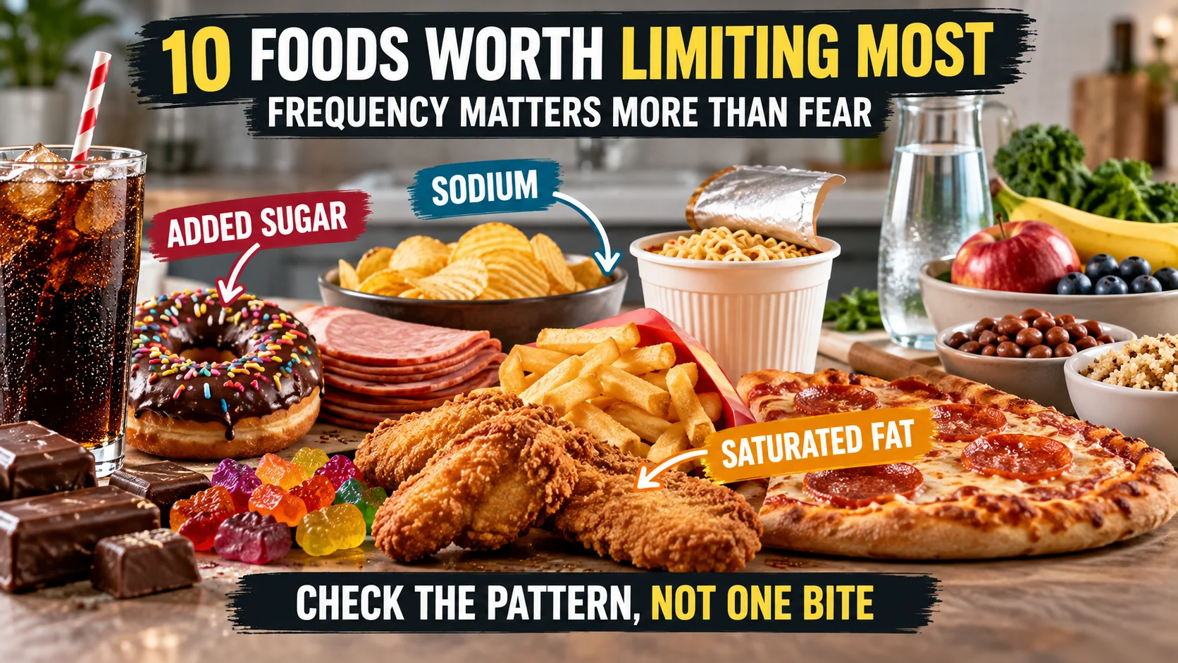 Common sugary, salty and highly processed foods contrasted with healthier everyday defaults, with callouts for added sugar, sodium and saturated fat