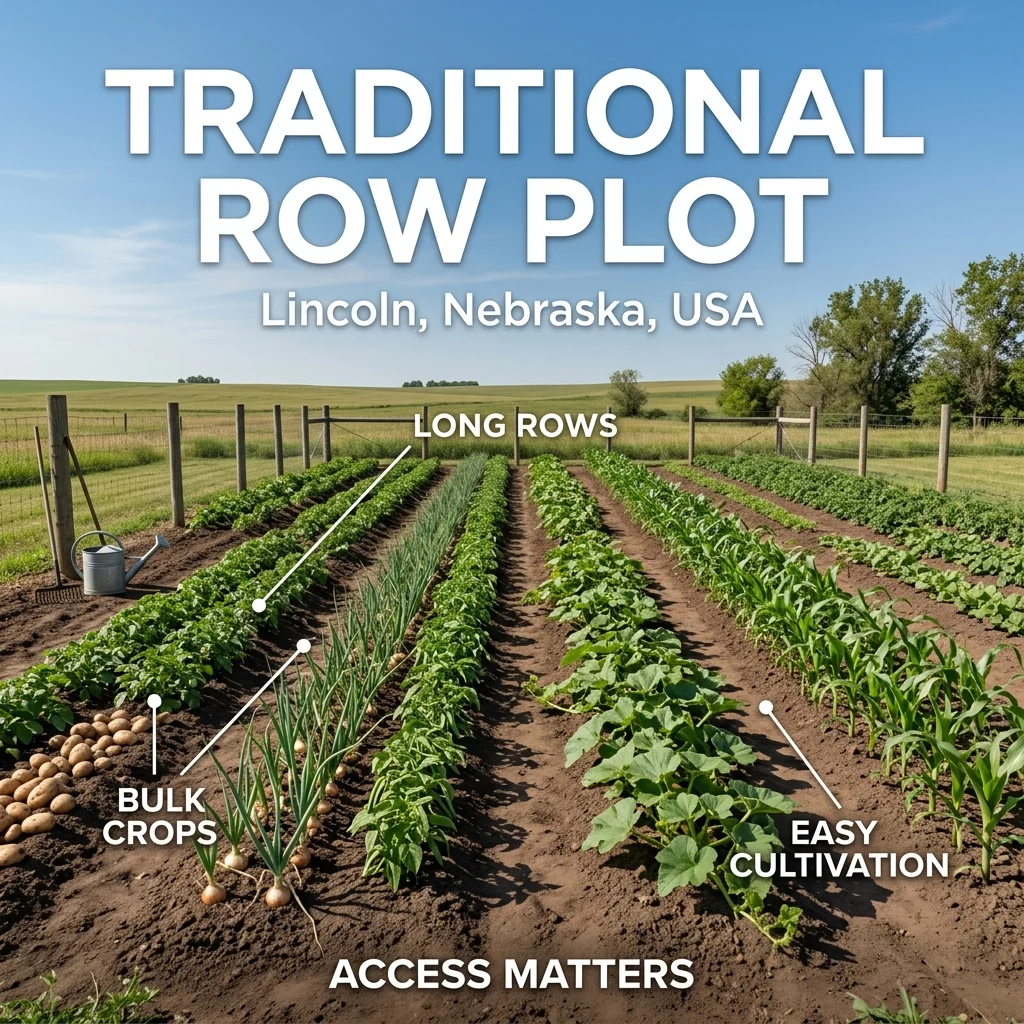 Traditional row garden plot in Lincoln, Nebraska, showing long straight rows of staple crops with practical walking and irrigation space.