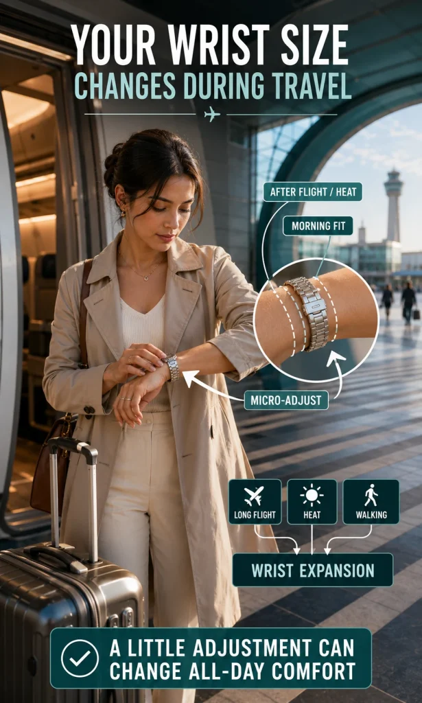 Female traveler adjusting a watch clasp after a long flight with measurement lines showing wrist expansion.