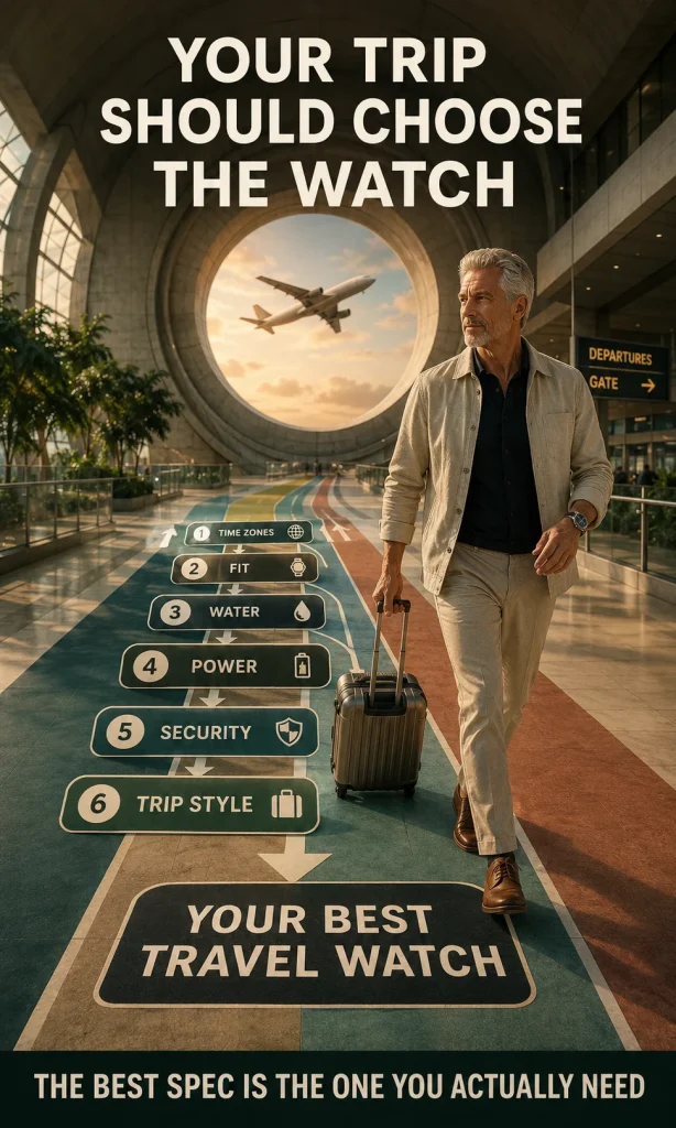 Experienced traveler following a decision path through time zones, fit, water, power, security and trip style to choose a travel watch.