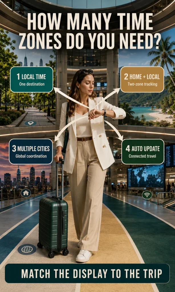 Female traveler comparing local time, home time, multiple-city tracking and automatic time updates for a travel watch.