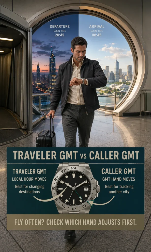 Business traveler adjusting a GMT watch with infographic arrows comparing traveler GMT and caller GMT hand adjustment.