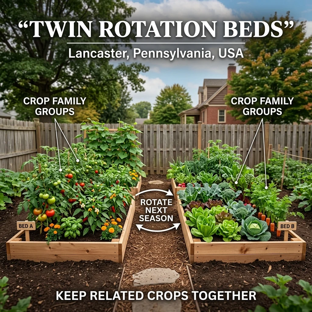 Twin rotation garden beds in Lancaster, Pennsylvania, showing two matching raised beds with crop-family separation and arrows indicating seasonal rotation.
