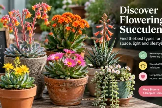 Colorful flowering succulents including Kalanchoe, Echeveria, Haworthia, Sedum and Schlumbergera arranged on a sunny garden workbench.