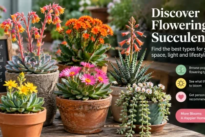 Colorful flowering succulents including Kalanchoe, Echeveria, Haworthia, Sedum and Schlumbergera arranged on a sunny garden workbench.