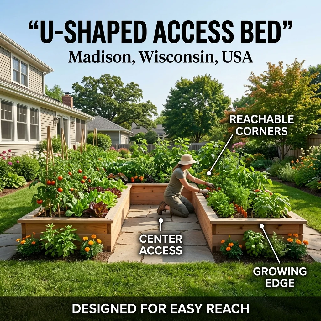 U-shaped raised garden bed in Madison, Wisconsin, showing a central standing space, reachable edges, and easy access for gardening.